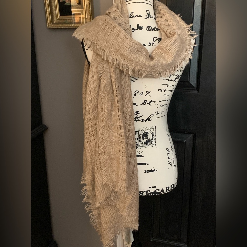 Large tan waffle scarf with fringe
